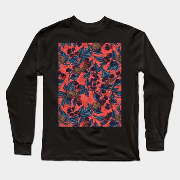 Mice and blackberries on red Long Sleeve T-Shirt by katerinamk